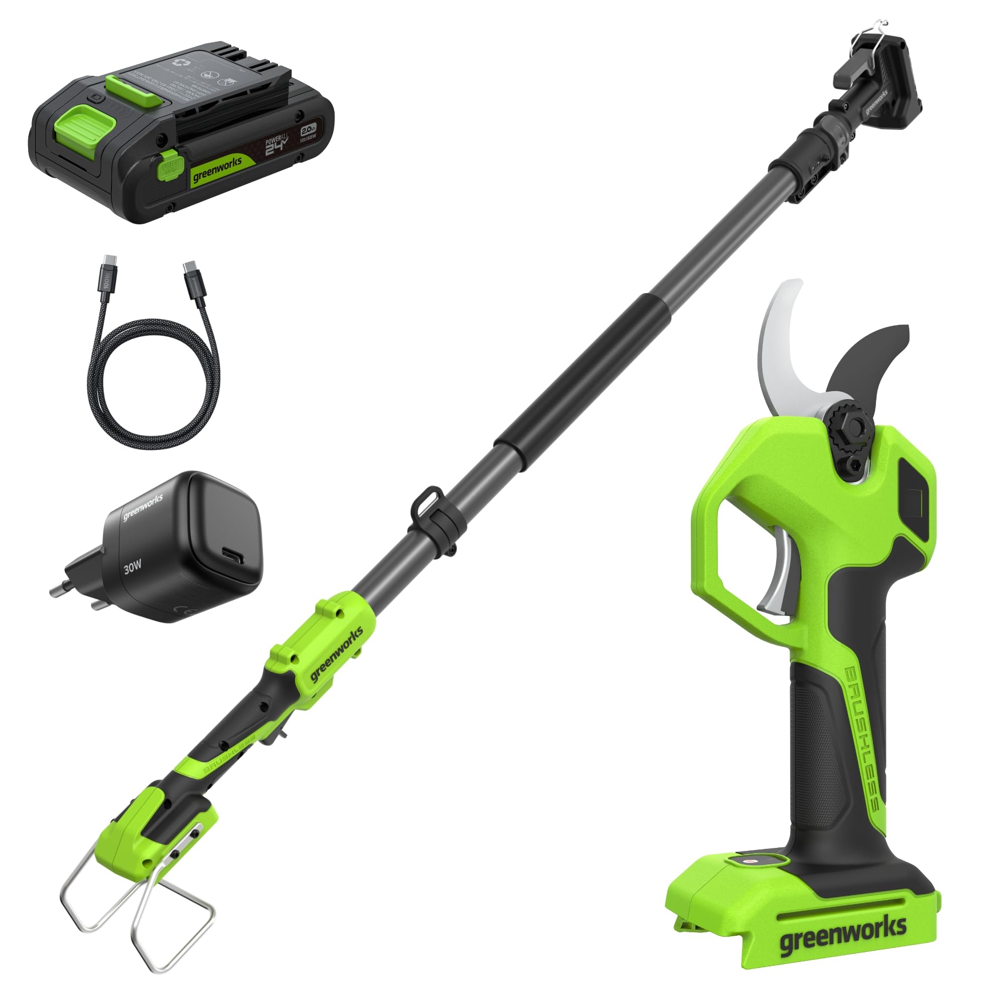 Greenworks Tijera Eléctrica 24V con Poste Telescópico 1,29–2,00 m, Motor Brushless, Cuchillas Acero, Apertura 22/32 mm, Pantalla LED, con Batería 2,0Ah & Cargador USB-C 30W LP24BLA1