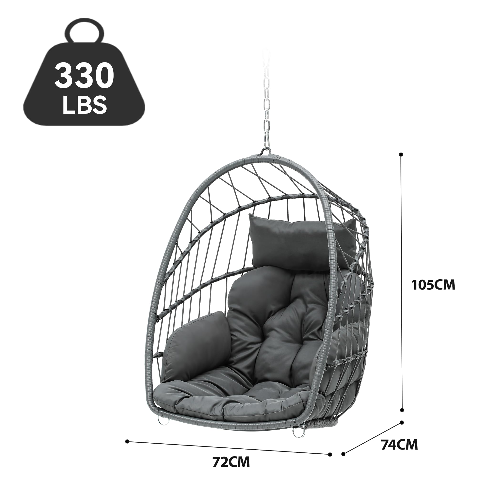 YITAHOME Silla Columpio Carga Máx. 150kg Silla Colgante de Forma Huevo con 2 Cojines, Estructura de Mimbre Resistente, 74x72x105cm Silla Colgante con Cadena y Gancho para Patio, Jardín, Interior, Gris