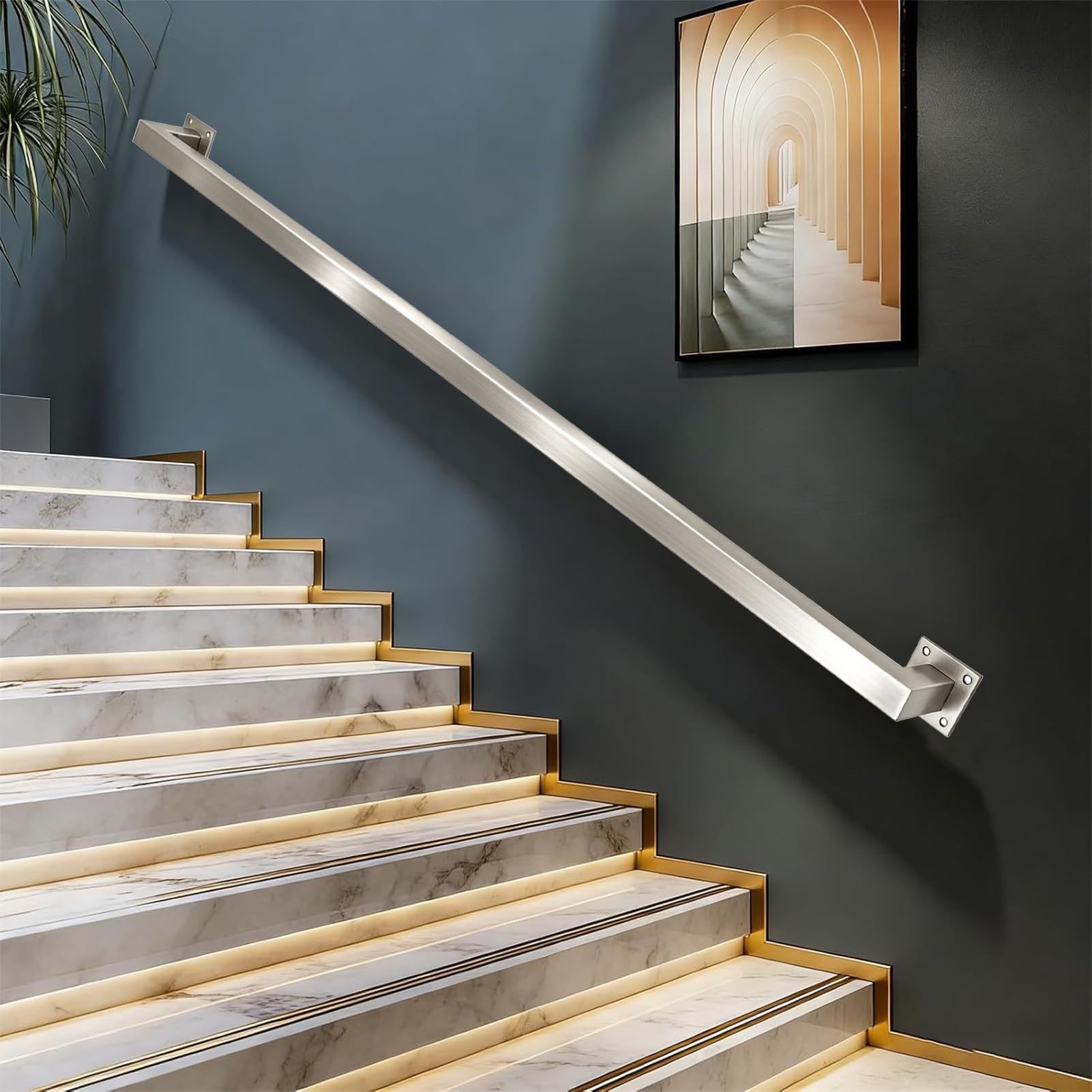 Drsyffsup 1 2 3 4 5 6 Metres Long Modern Stair Handrail, Wall Mounted Square Staircase Banister Railing Non-Slip Stainless Steel Grab Rail, Wall Balustrade Bar Counter Foot Rail(3ft/0.9m)