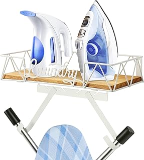 PERFNIQUE Ironing Board Holder, Iron Board Wall Mount, Ironing Board Hanger, Laundry Room Organization with Removable Hooks(T&V Shaped), Wooden Base Basket, Laundry Room Decor(Laundry, White)