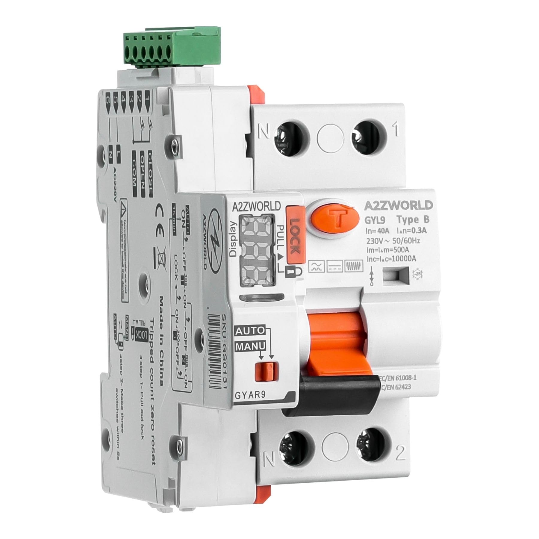 Interruptor diferencial tipo B Rearme automático 40A, RCCB salvavidas Clase B rearmable, 1P+N 10kA 300mA/0,3A, 3 módulos DIN, 3 intentos (10s/60s/300s)