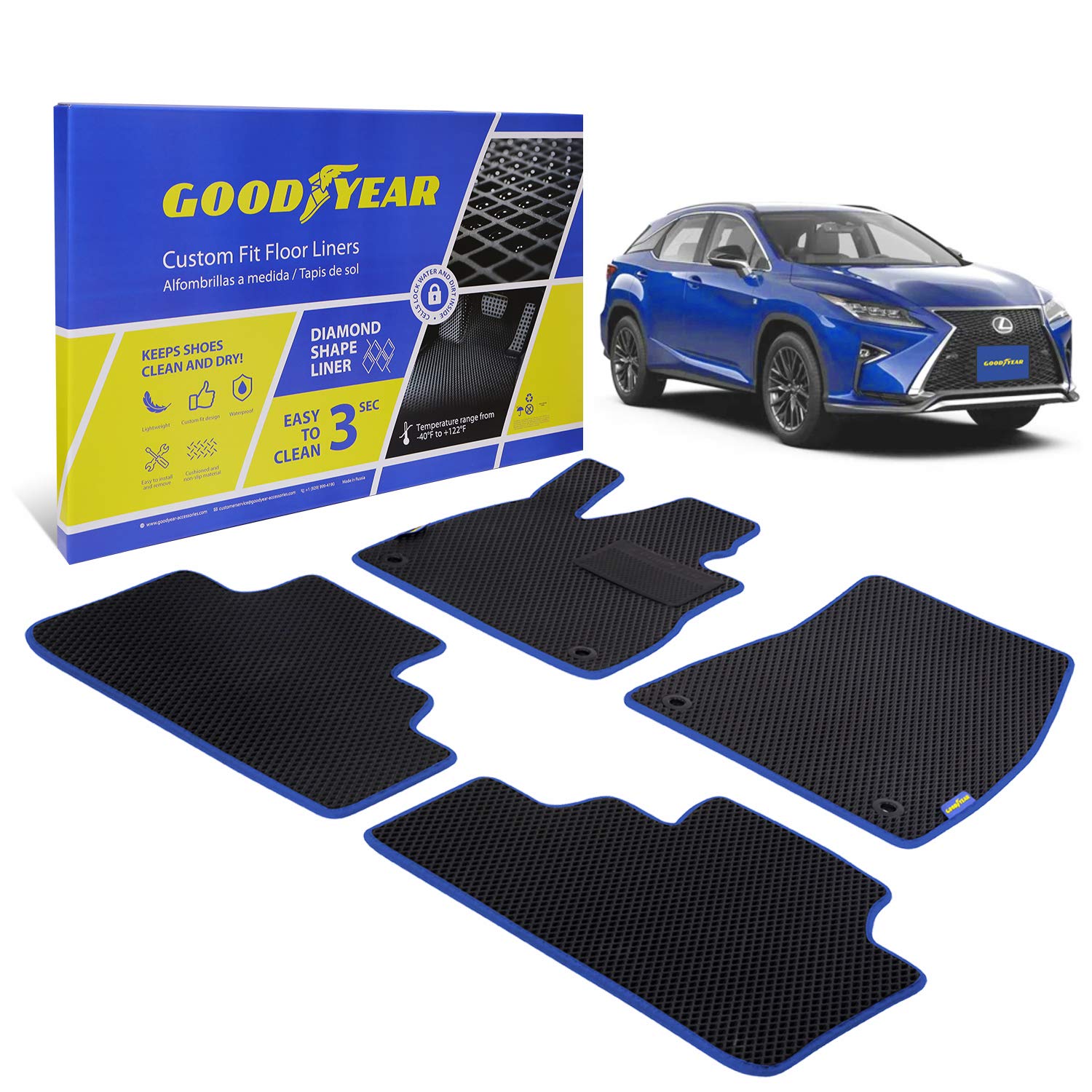 Goodyear Custom Fit Car Floor Mats for Lexus RX 2016-2021, Black/Blue 4 Pc. Set, All-Weather Diamond Shape Liner Traps Dirt, Liquid, Rain and Dust, Precision Interior Coverage - GY004118