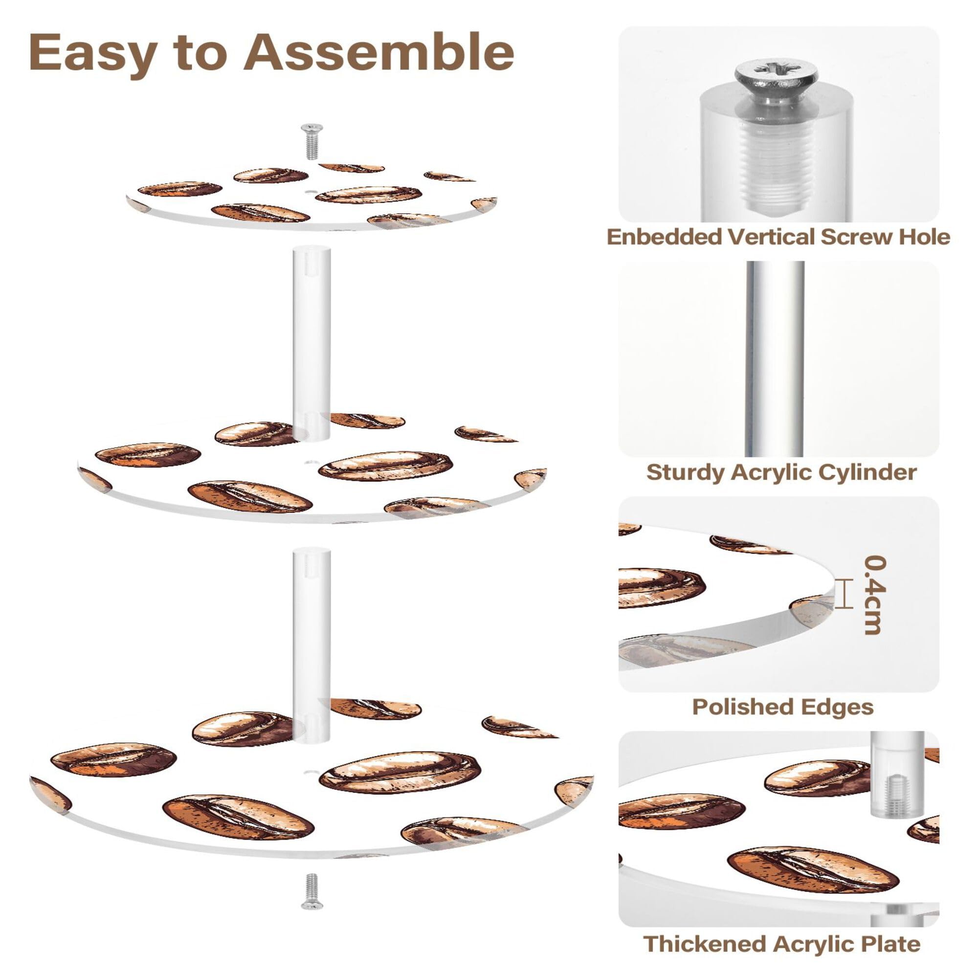 PYBUG Coffee Pattern 3 Tier Acrylic Cupcake Stands Tower,Dessert Table Display Set for Tea Party,Wedding,Birthday, Baby Shower