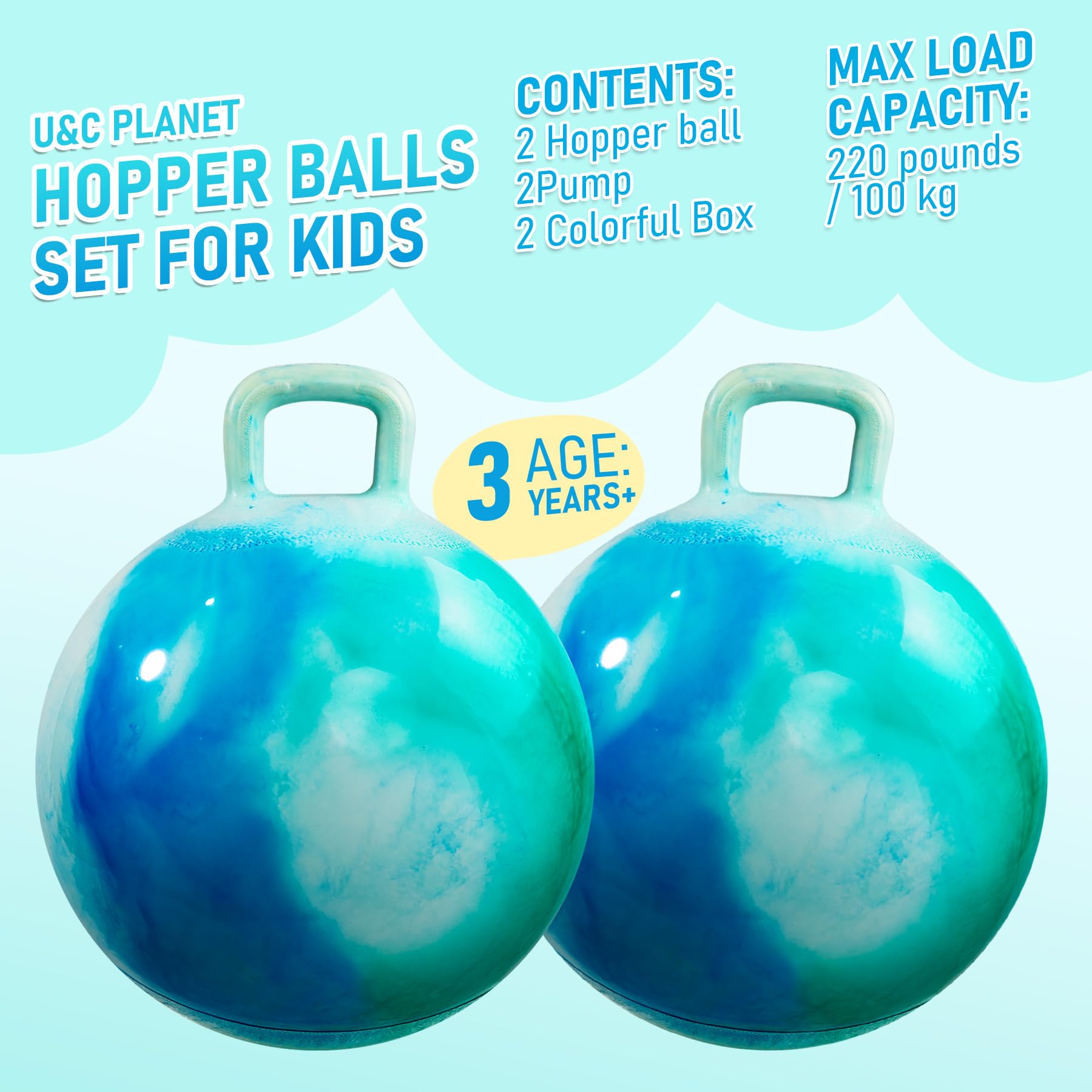 U&C Planet Paquete de 2 Balones Saltadores 45 cm Pelota de Salto para Niños 3-8 Pelota de Saltar Hinchable con Bomba Apto para Uso en Interiores y Exteriores Regalo Ideal