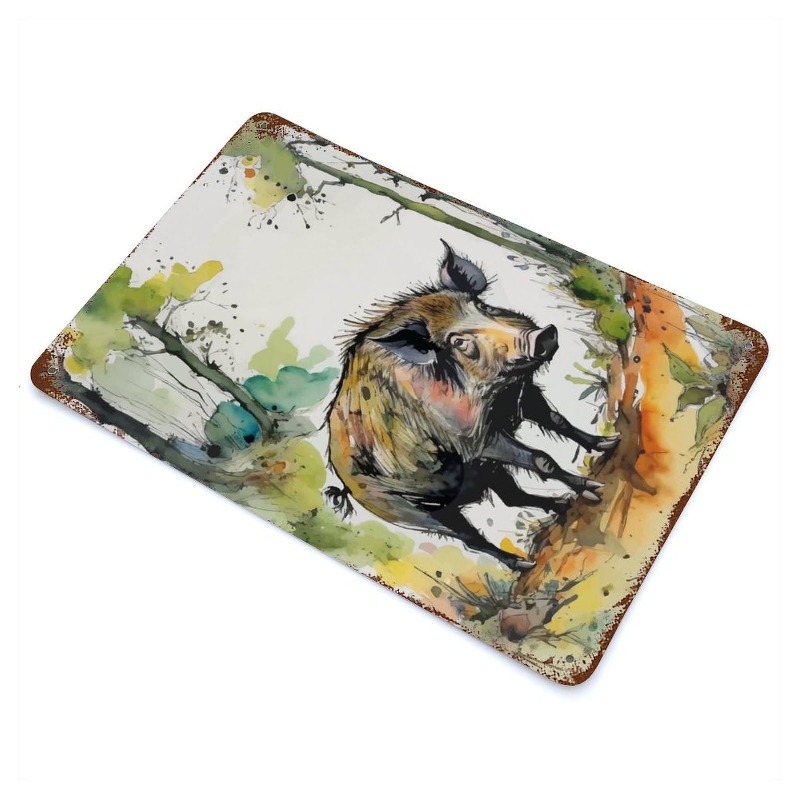 Watercolor Wild Boar Rusty Metal Tin Sign 11.8"x7.9", Ideal for Farmhouse, Kitchen And Entryway Decor