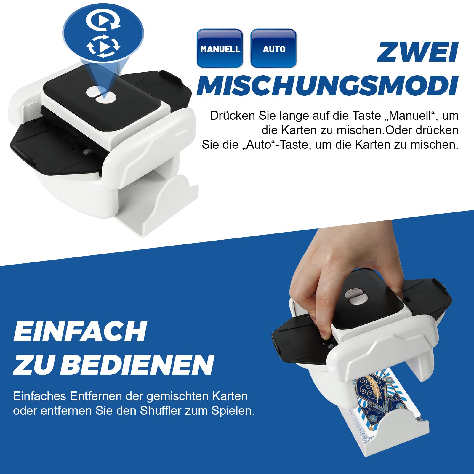 Kartenmischmaschine Elektrische für 1–2 Decks, Geräuscharmer und Wiederaufladbarer 3000mAh, Automatischer Mischmaschine Karten Gleichmäßig & Nicht Eingeklemmt,Card Shuffler für UNO,Romme