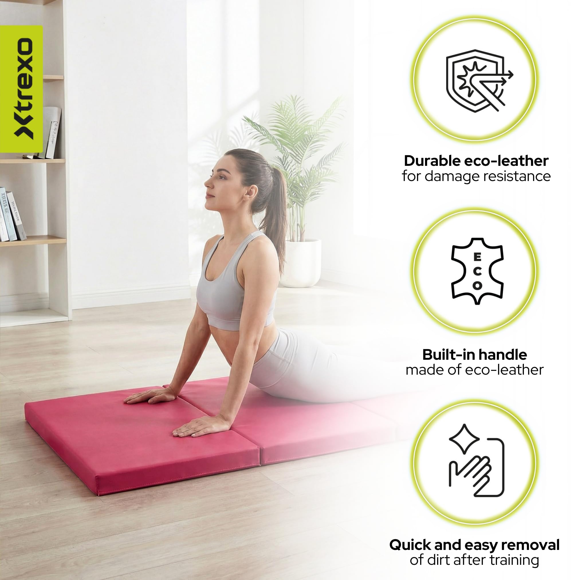 TREXO – Tapis de Gymnastique Pliable 195 x 80 x 5 cm 4-Panneaux – Tapis d’Entraînement Portable avec Poignée, Mousse EPE & Revêtement Similicuir – Rose