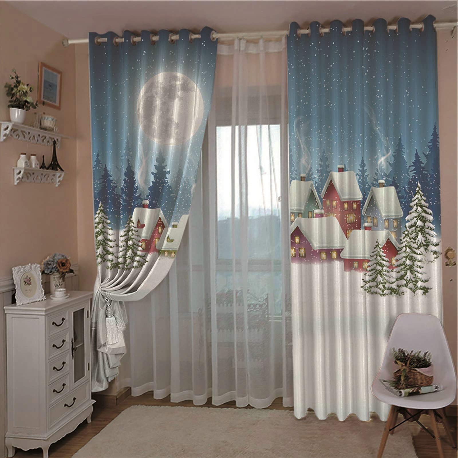 Aeici Zaciemniająca zasłona okienna 2 panele zasłony okienne do sypialni, domek na choince z księżycem szare zasłony świąteczne zestaw 264 x 137 cm