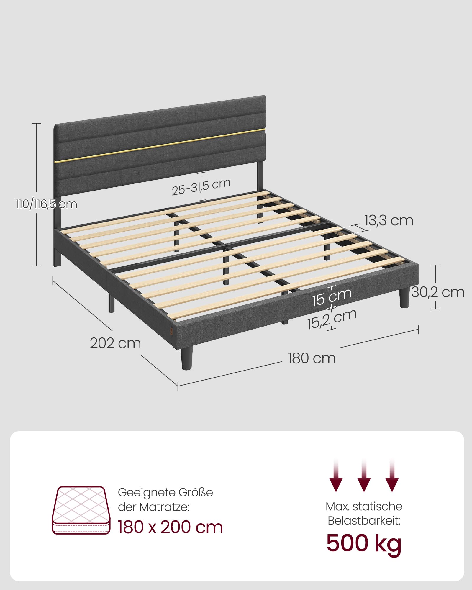 VASAGLE Polsterbett, Bettgestell, Doppelbettgestell, passend für 180 x 200 cm Matratze, verstellbares gepolstertes Kopfteil, Bettrahmen, Metall, Massivholz, modern, schiefergrau RMB508G01