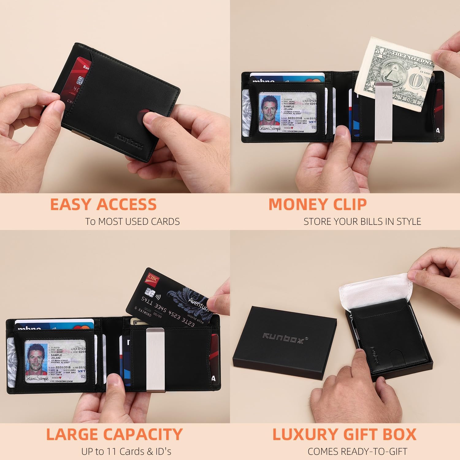 RUNBOX Slim Wallets for Men - Leather Money Clip Mens Wallet - RFID Blocking Front Pocket Bifold Wallet - Thin Credit Card Holder with Gift Box - Image 2