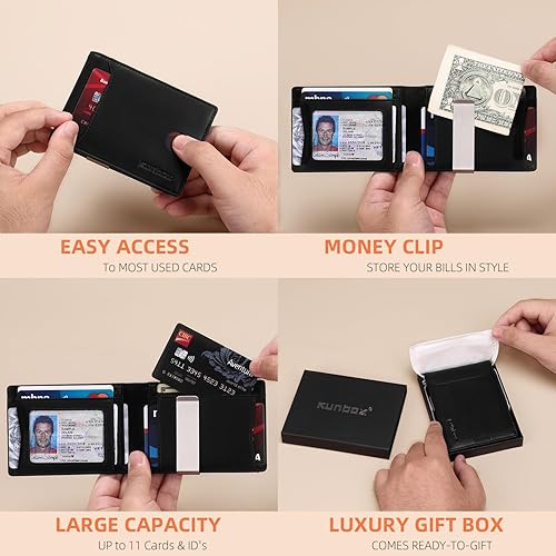 Miniatura 62 de RUNBOX - Carteras delgadas para hombre, cartera de piel con pinza para el dinero, cartera de bolsillo frontal con bloqueo RFID, tarjetero Negro