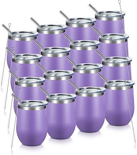 Miniatura 1 de COMOOO - Vaso de vino de acero inoxidable con tapa y pajilla, vaso de 12 onzas al por mayor, doble pared aislada al vacío, taza inoxidable de viaje