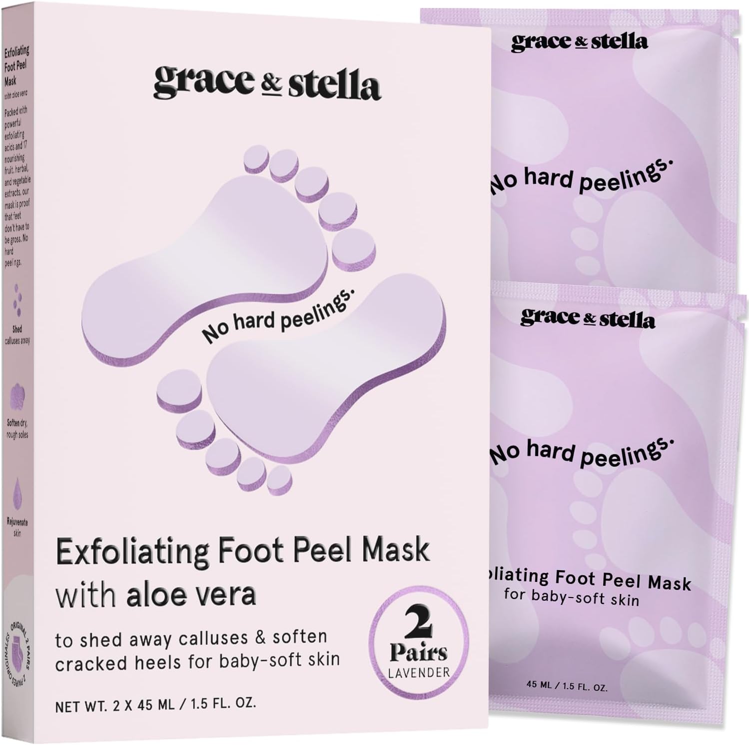 grace & stella Award-Winning Foot Peel Mask - Foot Peeling Mask with Aloe Vera - Moisturizing Foot Mask for Dry Cracked Feet - Foot Exfoliator for Baby Soft Feet (2 Pairs, Lavender)