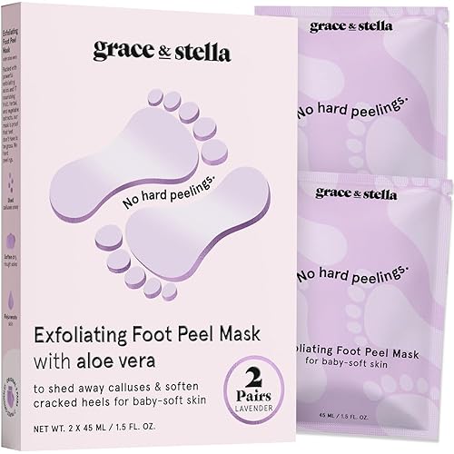 grace & stella Award-Winning Foot Peel Mask (2 Pairs, Lavender) - Foot Peeling Mask with Aloe Vera - Moisturizing Foot Mask for Dry Cracked Feet - Foot Exfoliator for Baby Soft Feet - Lavender, 2 Pairs