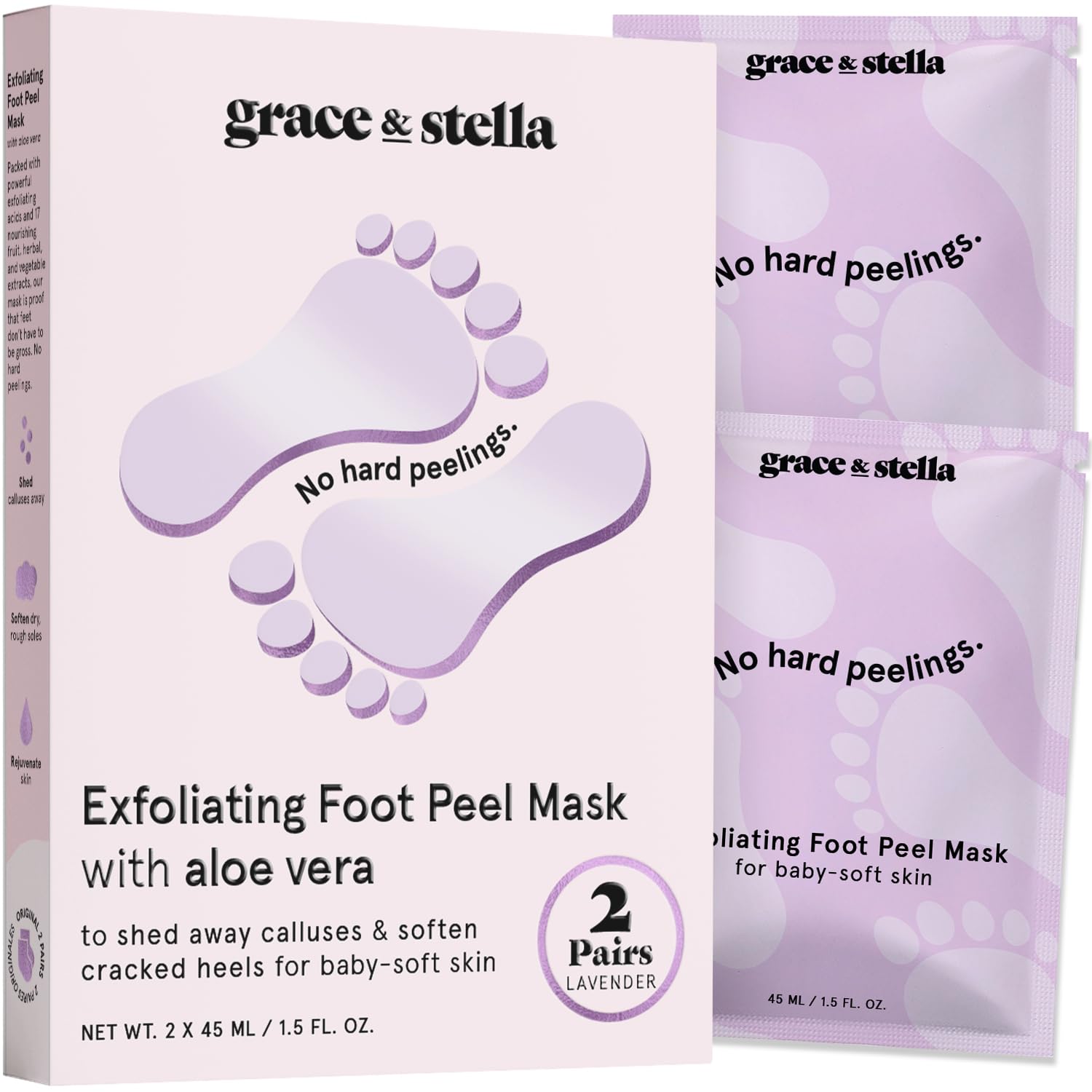 grace & stella Award-Winning Foot Peel Mask - Foot Peeling Mask with Aloe Vera - Moisturizing Foot Mask for Dry Cracked Feet - Foot Exfoliator for Baby Soft Feet (2 Pairs, Lavender)
