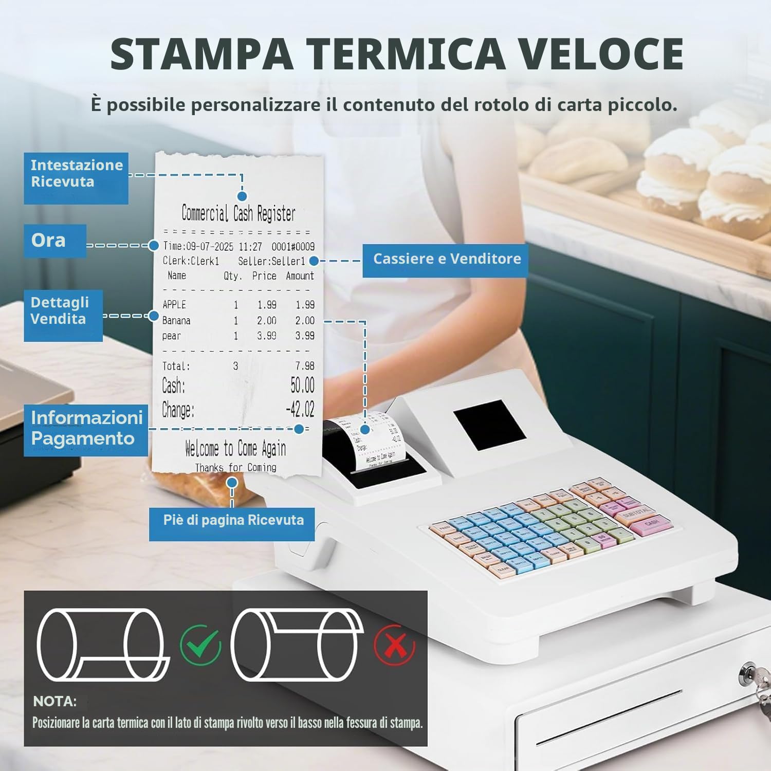 MABAOHENG Registratore di cassa elettronico Sistema di inglese, Cassa per il commercio LED display clienti con cassetto contanti, 3 rotoli di stampa termica da 58 mm, Sistema di cassa al dettaglio