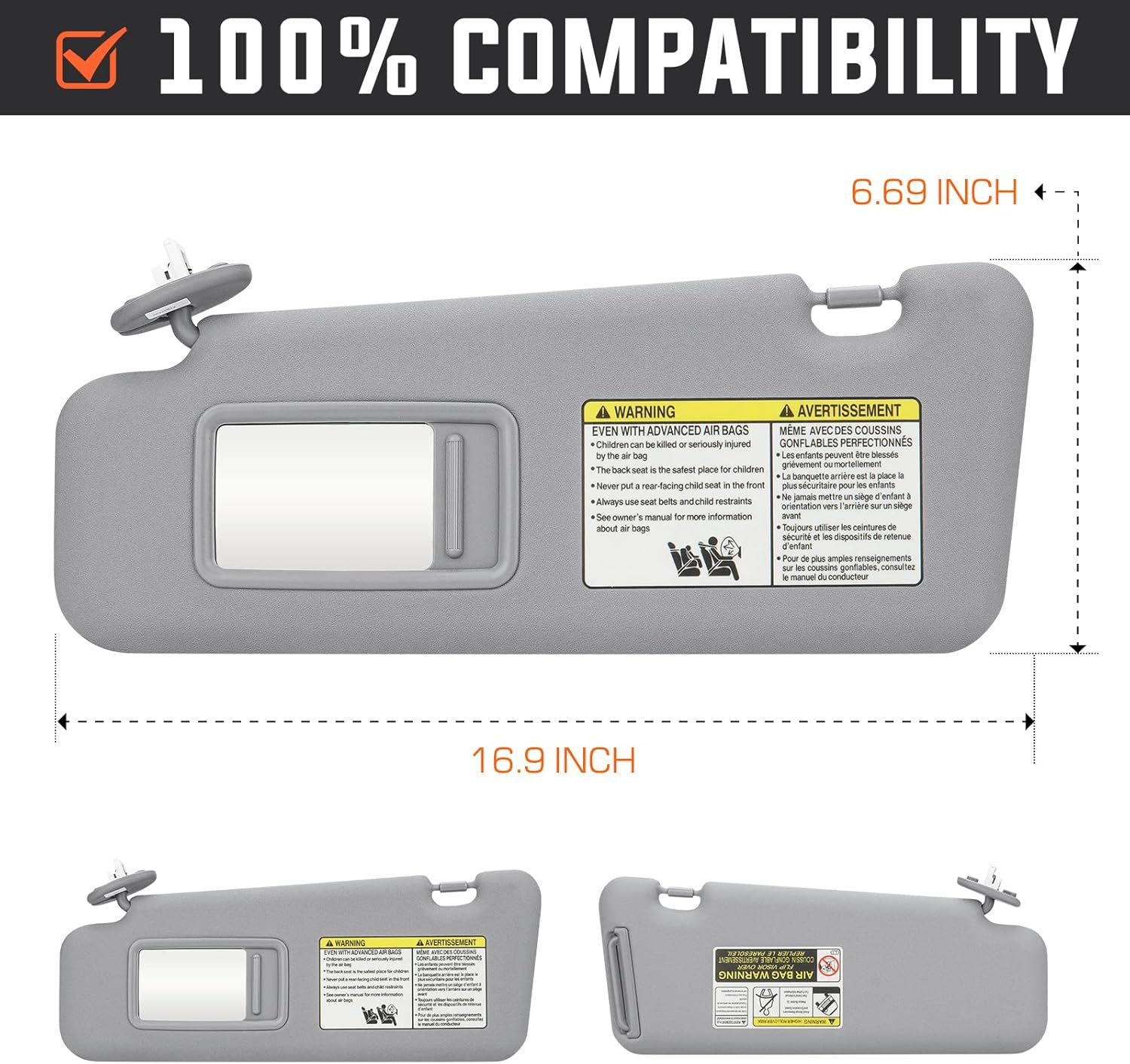 Youxmoto Left Driver and Right Passenger Side Sun Visor Grey Replacement for Toyota Highlander 2008 2009 2010 2011 2012 2013, Replaces# 74320-48500-B0, 74320-0E050-B0, with Mirror and Light Cable