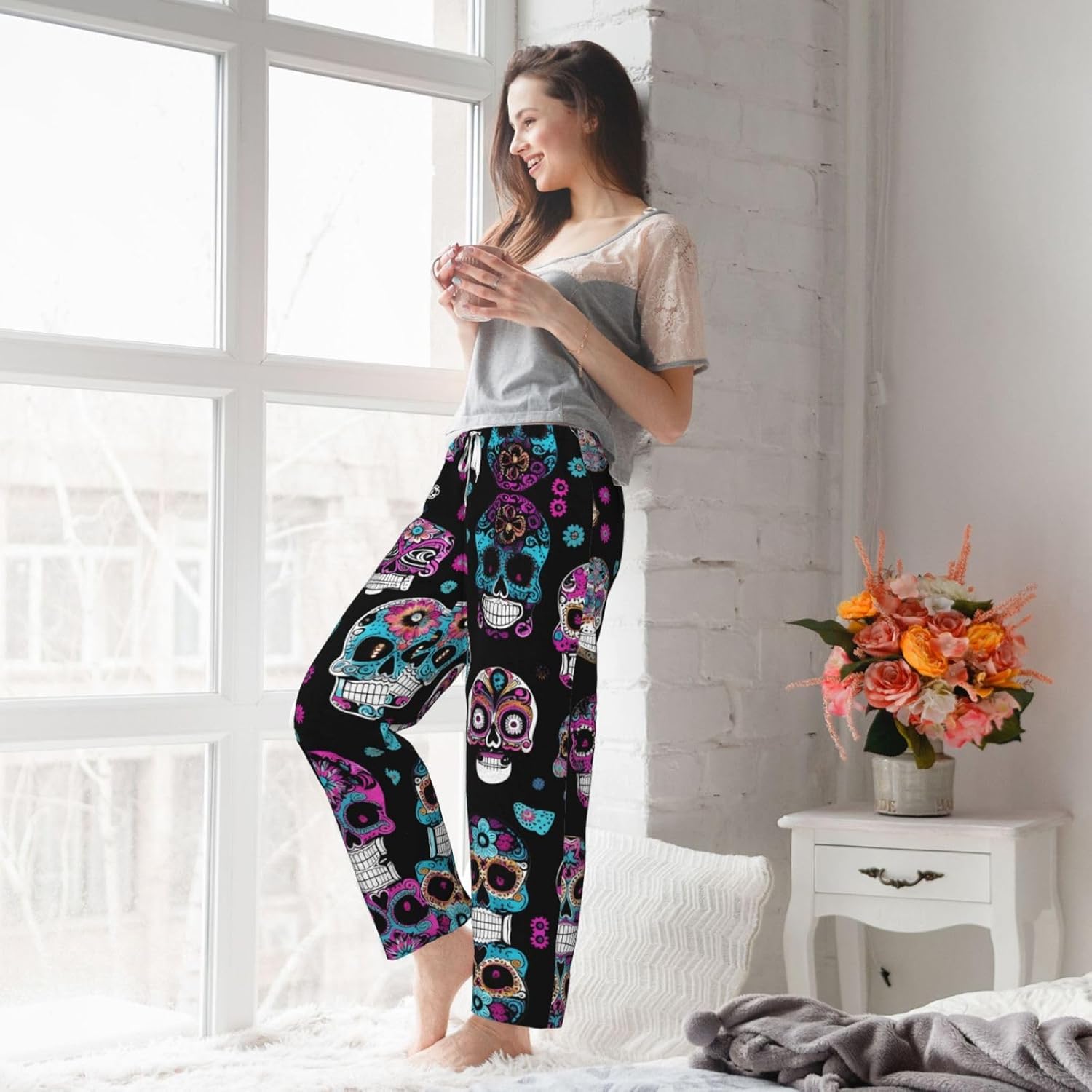 Colorful Skulls Print Print Cozy Flannel Pajama Pants For Women,Warm Christmas Pj Pants,Cute Fleece Pajamas