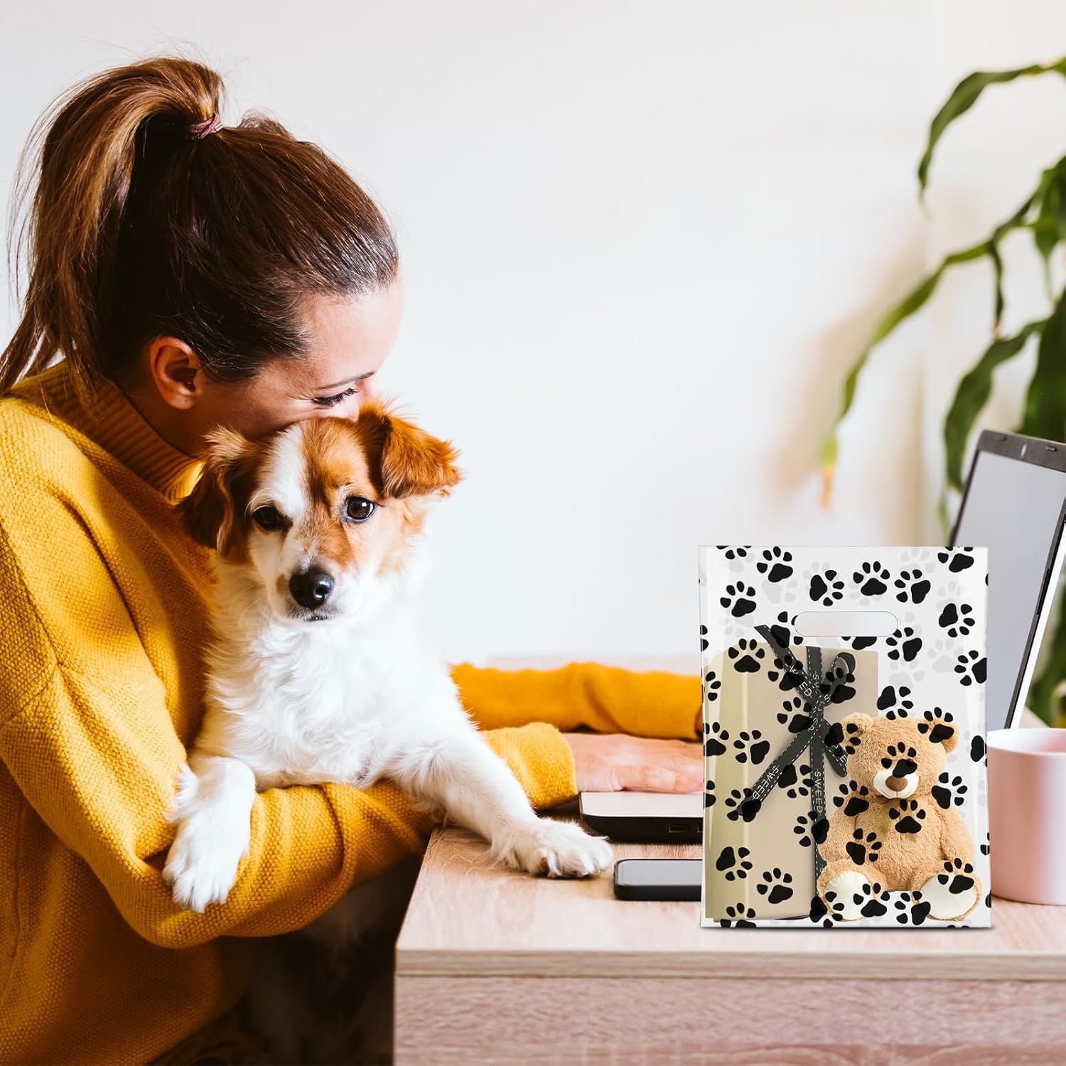 Infankey 100 PCS Dog Paw Gift Bags Bulk Pet Paw Puppy Print Plastic Treat Favor Candy Goodie Bags with Handle for Dog Birthday Party Decoration Supplies