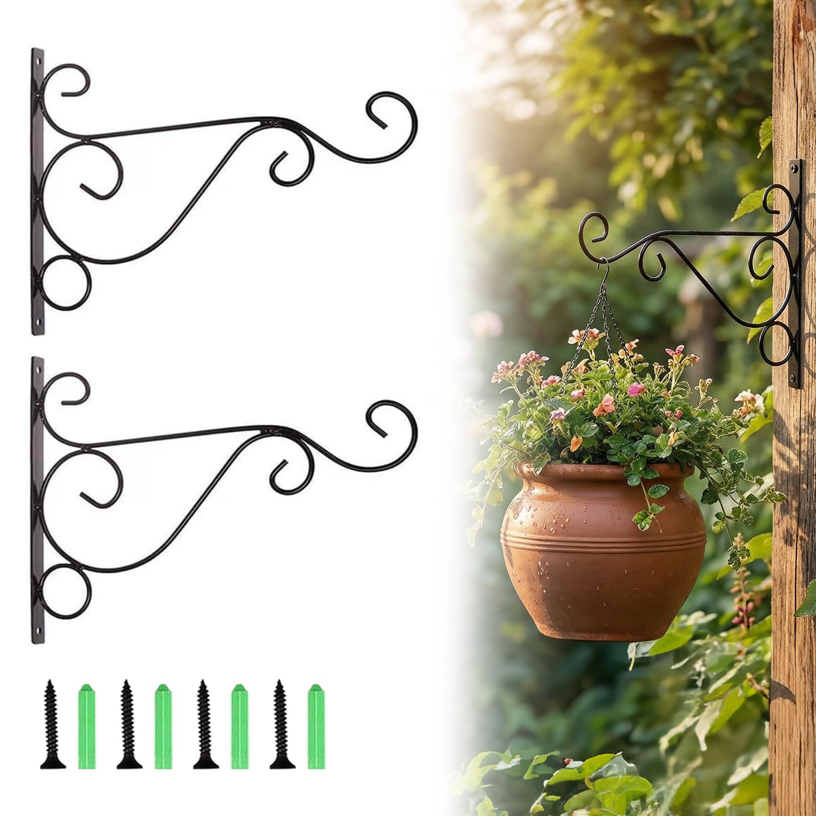 JiaQuenWex Hanging Basket Bracket - 2Pcs Black Iron Hanging Basket Brackets Outdoor, Sturdy Plant Hanger Wall Hook for Hanging Basket Lantern Bird Feeder Fence