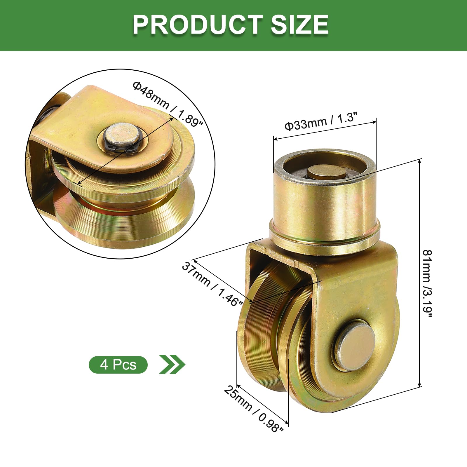 Ruedas de puerta corredera de 1.9 pulgadas, 4 unidades polea giratoria 360° ranura en V soporte riel, máquina industrial dorado