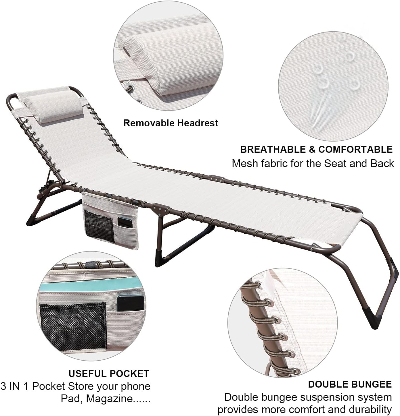 GOLDSUN 2 Pieces Outdoor Chaise Lounge Set with Detachable Pocket and Pillow, Portable Adjustable Patio Sun Lounge Chair Set for Garden,Beach, Sunbathing, Pool, Deck,Camping and Poolside-Beige : Patio, Lawn & Garden