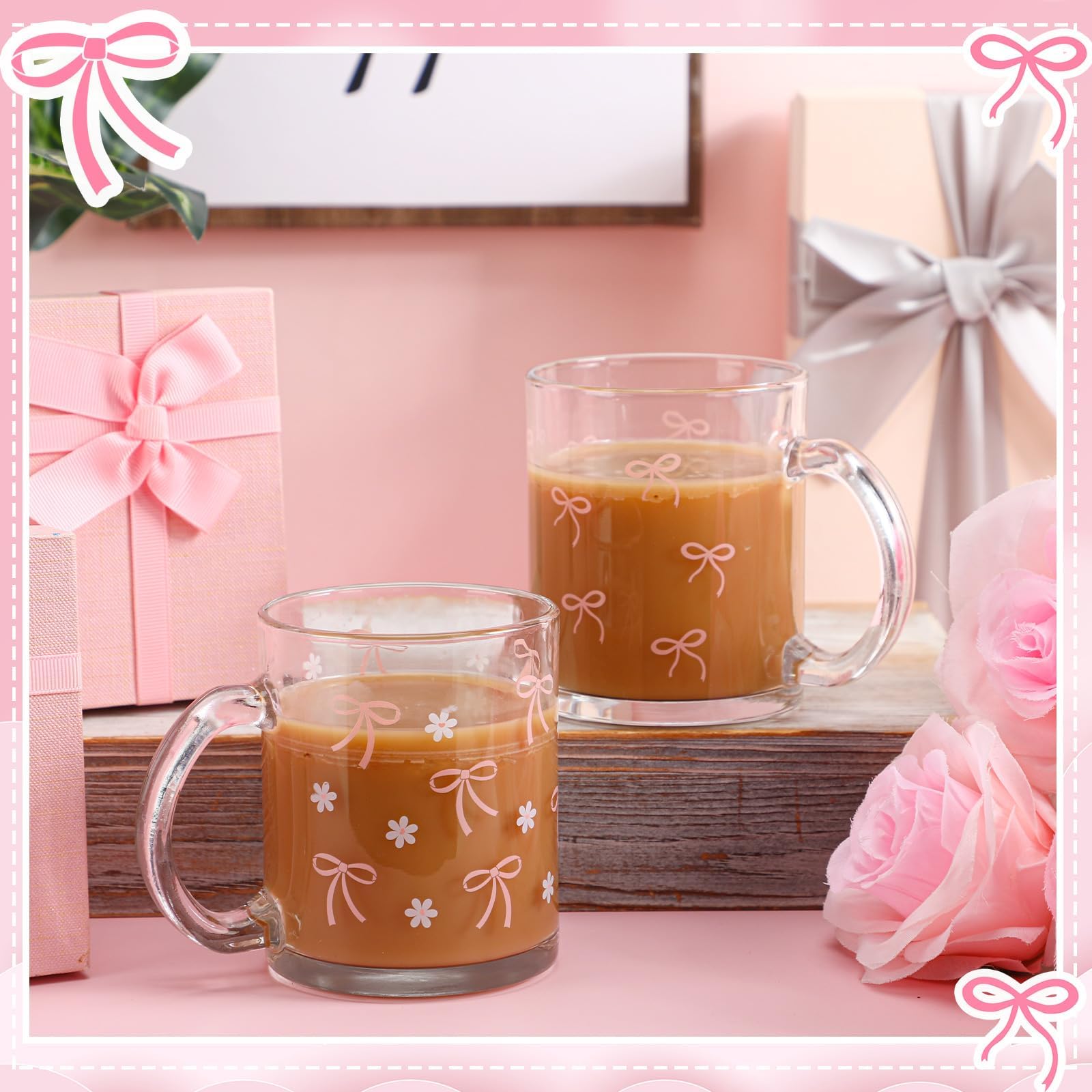 4 Pcs Coquette Pink Bow Glass Cups with Handle 12 oz Juice Iced Coffee Cups Coquette Bow Gifts Coffee Mug for Women Girls Friends Mothers Day Birthday Party Wedding Baby Bridal Shower Gifts