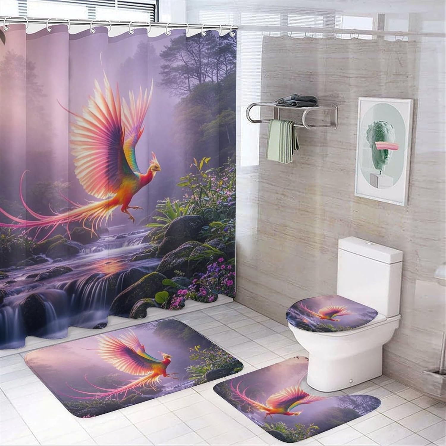Phoenix is Flying Shower Curtain Set 4 Piece, Non-Slip Bath Mat with Toilet Lid Cover and Waterproof Shower Curtain with 12 Hooks, Complete Bathroom Set for Home Decor