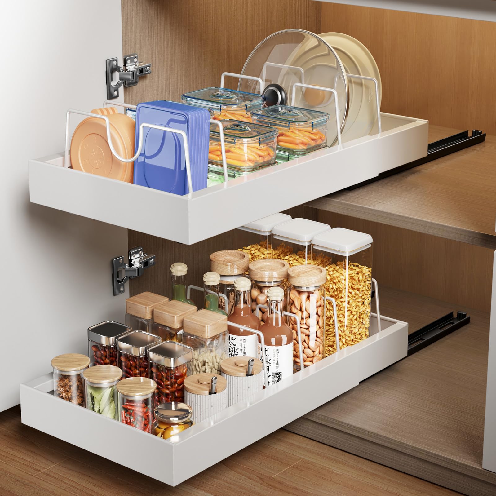 MUSTORN Pull Out Cabinet Organizer with 4 Dividers, 21.8" Deep Slide Out Drawer for Cabinets Adhesive Pull Out Drawers Heavy Duty Pull Out Shelf for Kitchen, Cupboard, Pantry, Bathroom (White-1 Pack)