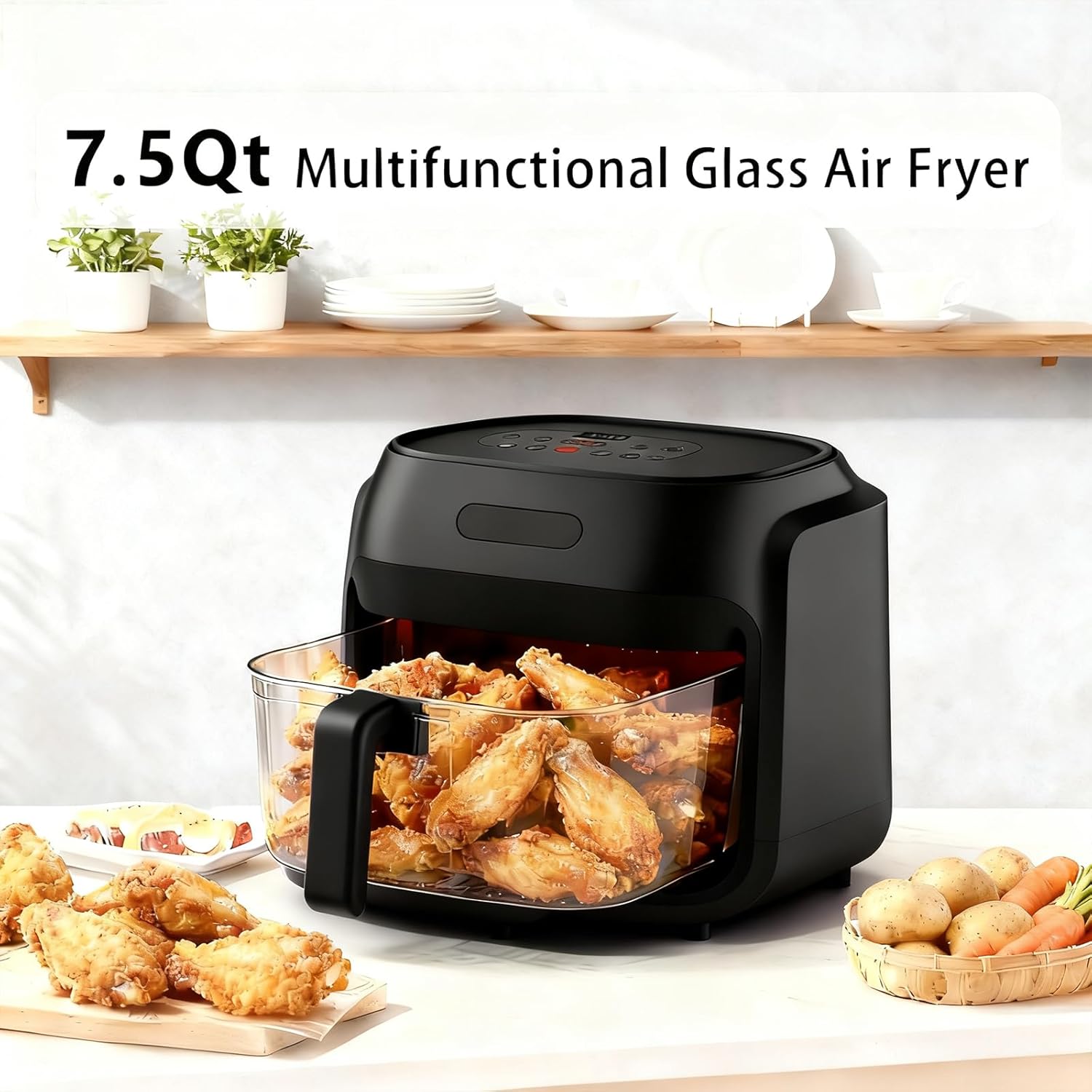 7.3QT Glass Air Fryer with See-Through Bowl, 360° Hot Air Circulation, 5 Presets, 1200W Fast Heating, Dishwasher Safe (Black)