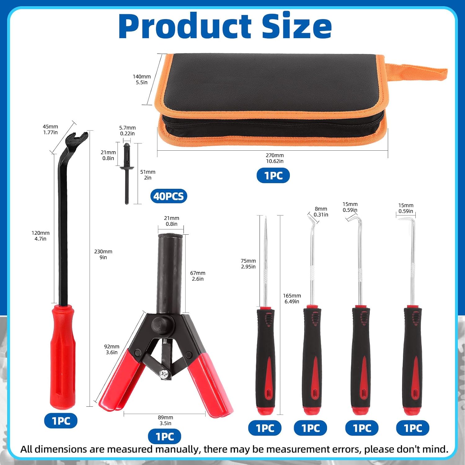 Glarks 46Pcs Plastic Poly Rivet Gun Set with 40Pcs Assorted Poly Rivets, Fastener Removal Tool Universal Pick and Hook Set for Installing and Removing Car Door Panel Clips