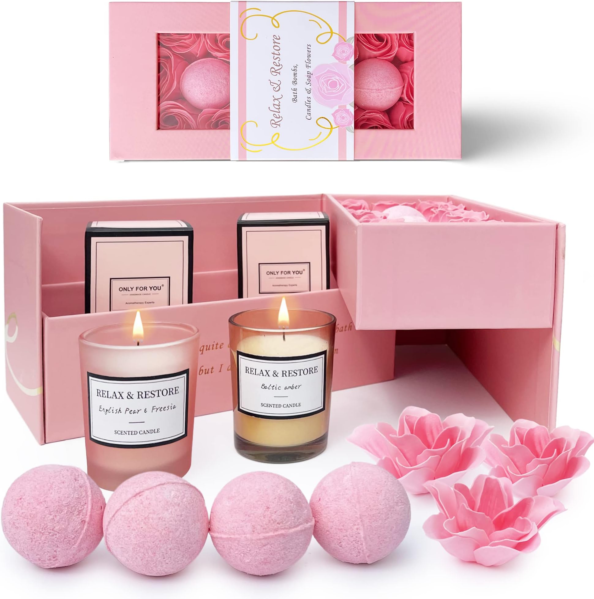 Empire Scented Candles & Bath Bombs Set, Gifts for Women, Birthday Gifts for Her, 20pcs Set Gifts for Her, Birthday Gift for Women with Rose Scented Soap Flowers