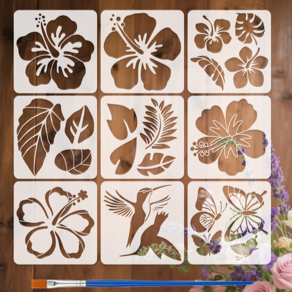 Pochoir feuilles tropicales 30x30cm réutilisable pour peinture sur bois