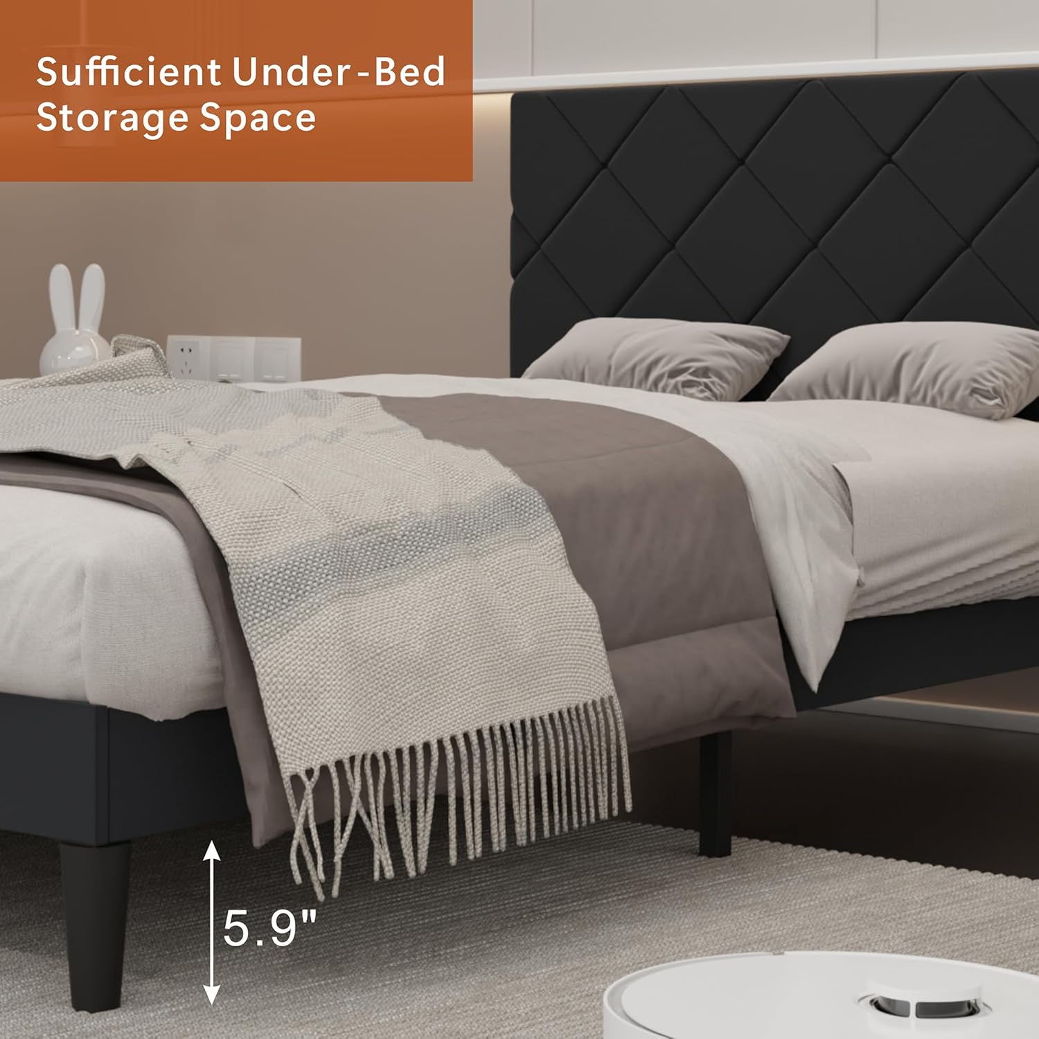 Image showing the side of the bed frame with a measurement of 5.9 inches indicating the under-bed storage height.