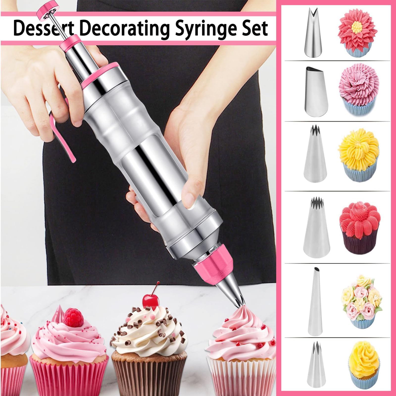 Ensemble de seringues de décoration de dessert, kit de glaçage en acier inoxydable pour décoration de gâteaux avec spatule, kit de décoration de cupcakes, poches à douille et embouts (noir)