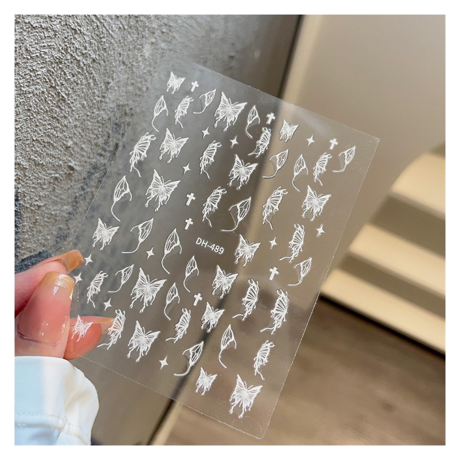 10pcs Pink Purple Aurora Shell Butterfly Nail Stickers Shiny 3D Butterflies Decals 8 * 10cm Adhesive(Khaki)
