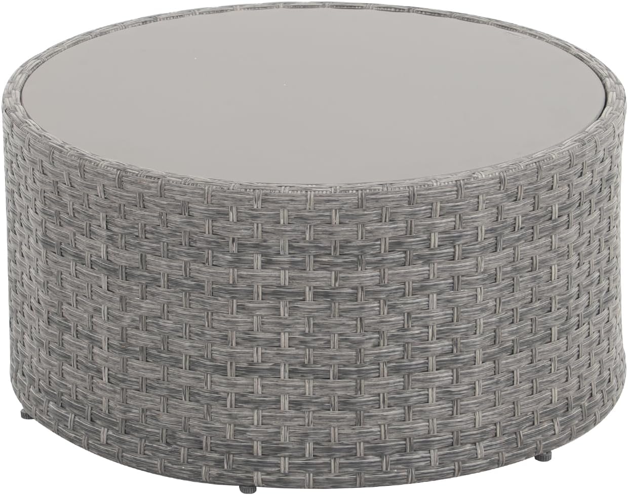 SUNSITT Round Outdoor Coffee Table with Tempered Glass Top, Rattan PE Resin Wicker Patio Side Table, Grey