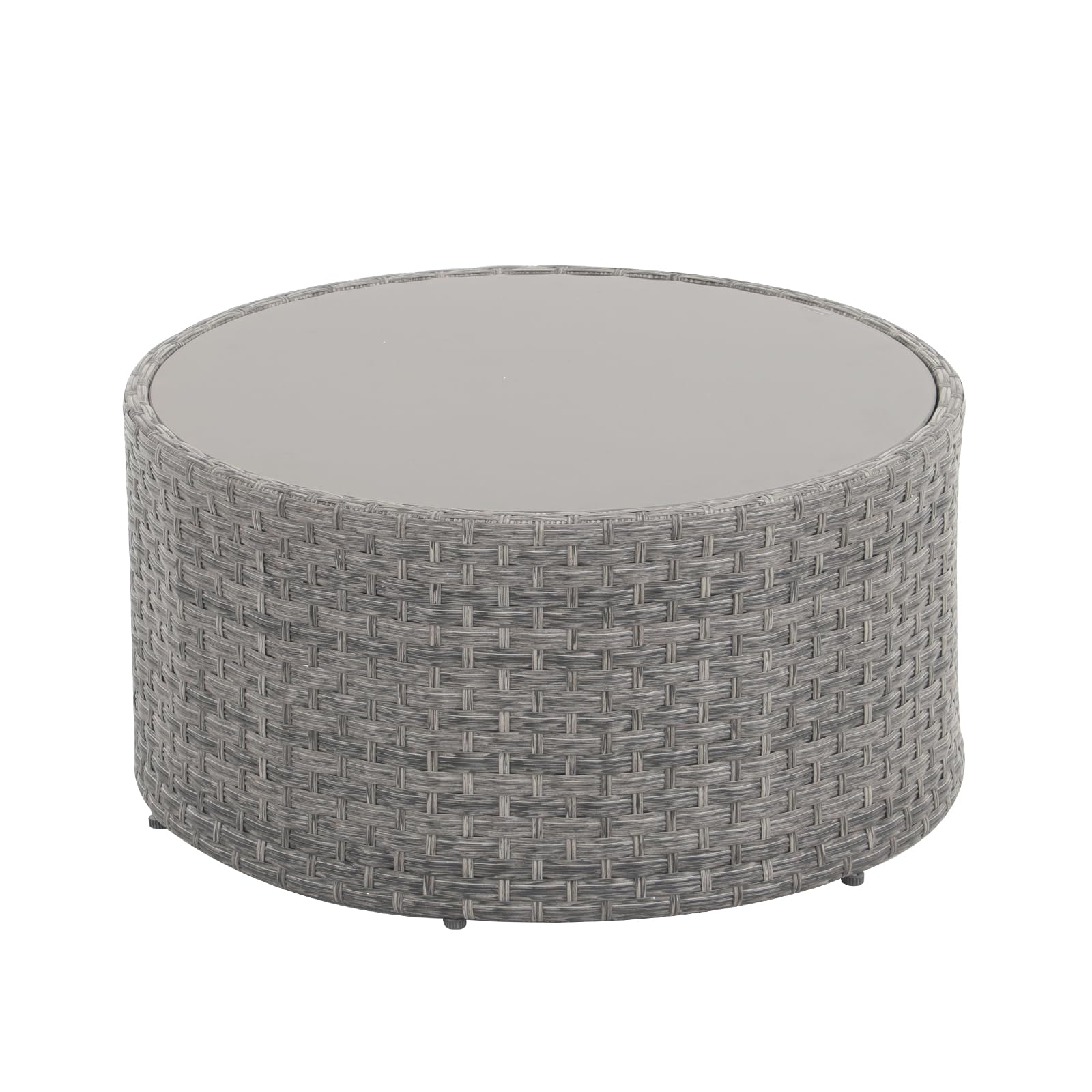 SUNSITT Round Outdoor Coffee Table with Tempered Glass Top, Rattan PE Resin Wicker Patio Side Table, Grey