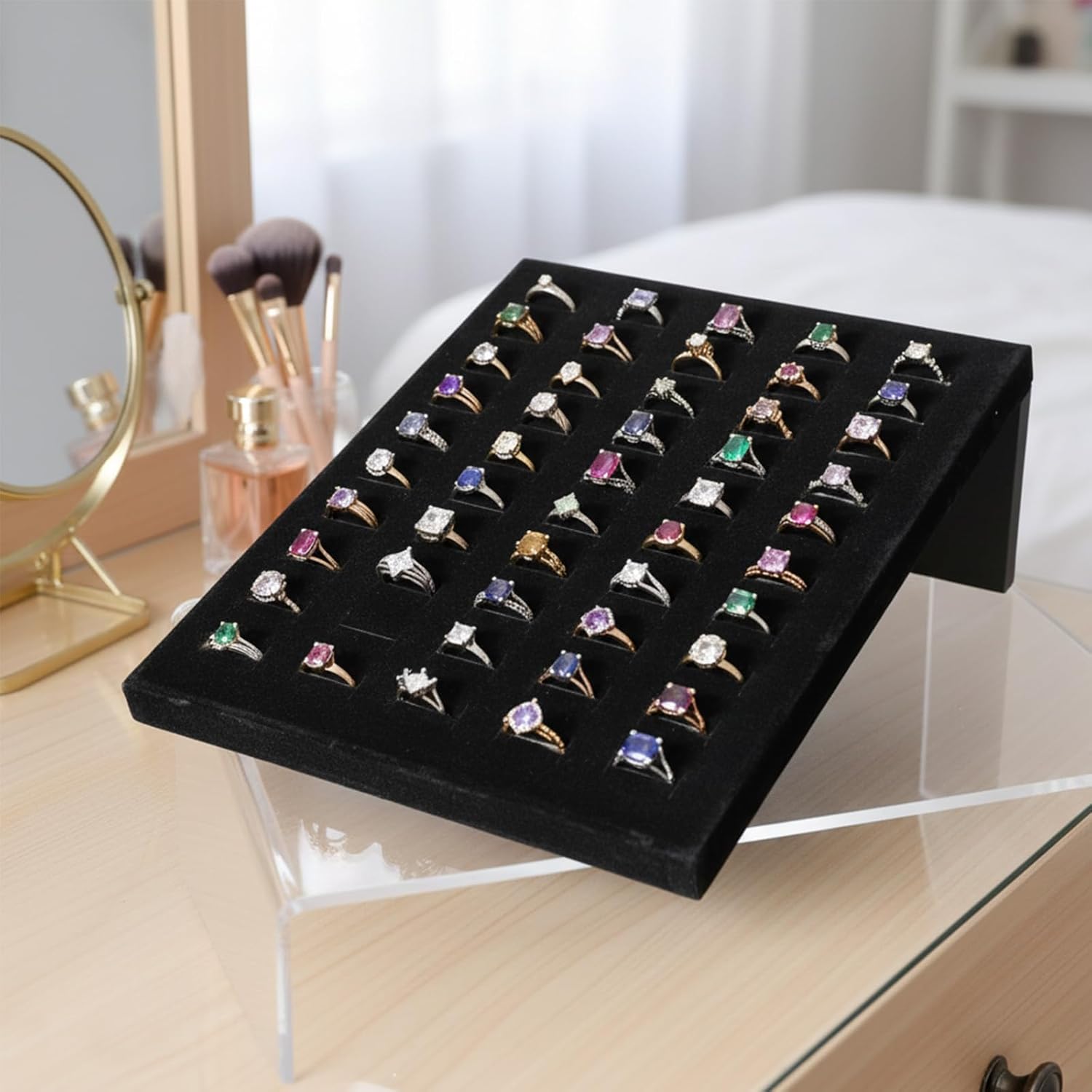 4 Pack Velvet Ring Display Stand with 200 Slots (50 Slots/Pack), L-Shaped Jewelry Organizer Tray for Selling Rings & Earrings – Black