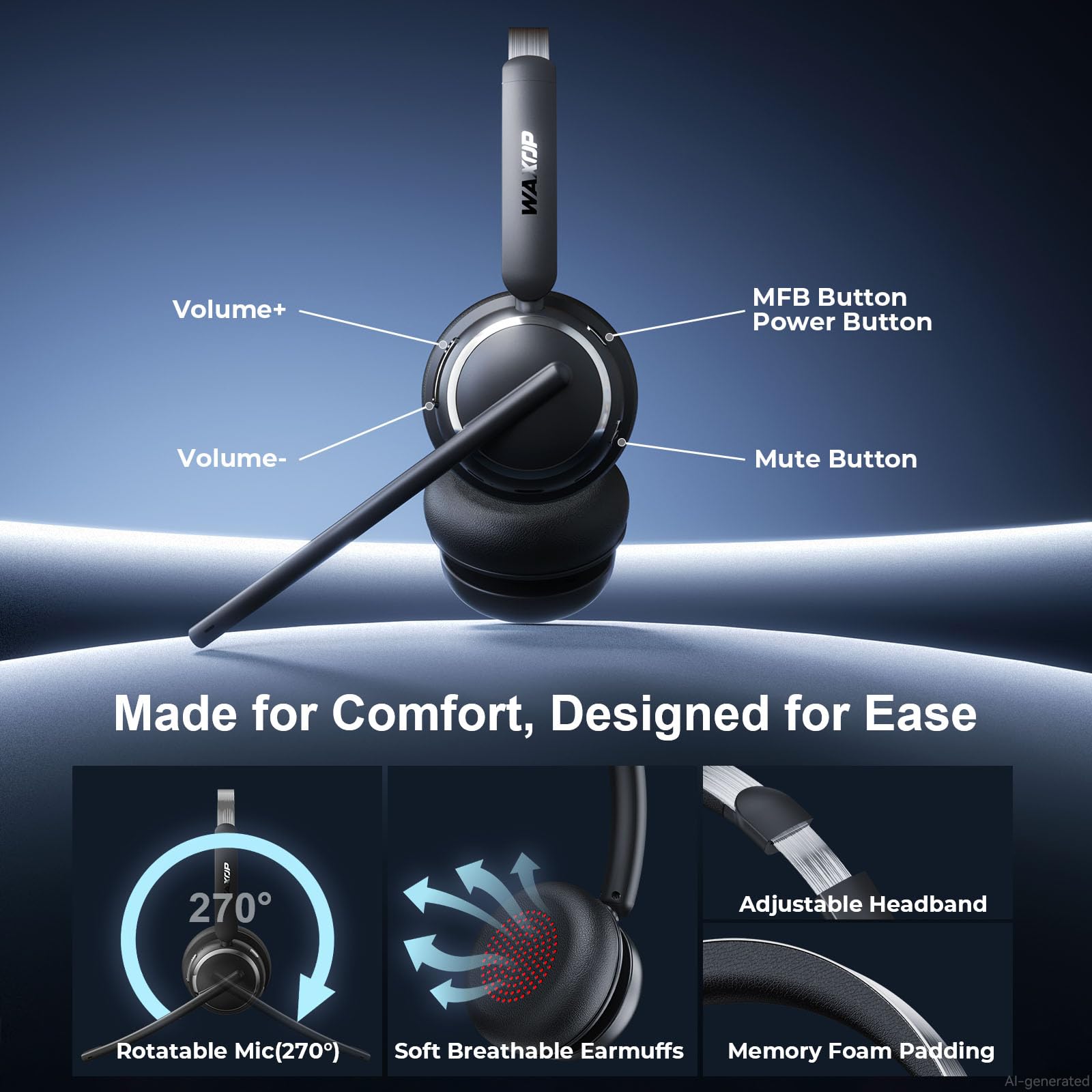 Cuffie wireless con microfono per lavoro, USB A/C, cuffie Bluetooth 6.0 con microfono AI con cancellazione del rumore, cuffie wireless con microfono mute e 65H, cuffie wireless per PC/computer/laptop