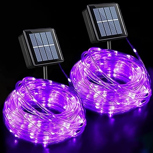 Paquete de 2 luces solares moradas impermeables para exteriores, cada cadena de 100 luces LED solares de 33 pies, 8 modos de luces de hadas de tubo