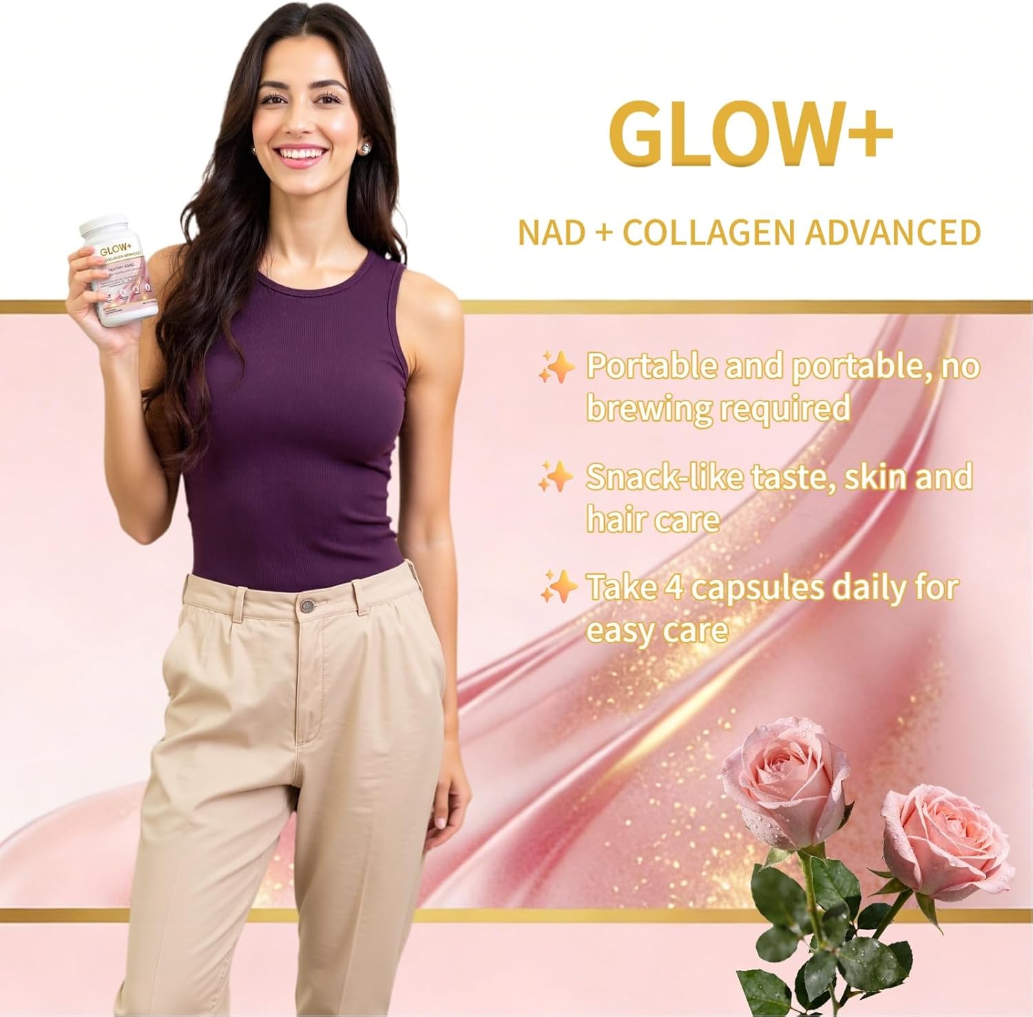 Glow+ NAD+ & Collagen Gummies, with Resveratrol, Hyaluronic Acid & Vitamin C, Hydrolyzed Collagen Peptides, Helps Healthy Hair, Nails, and Skin, 120 Count (1)