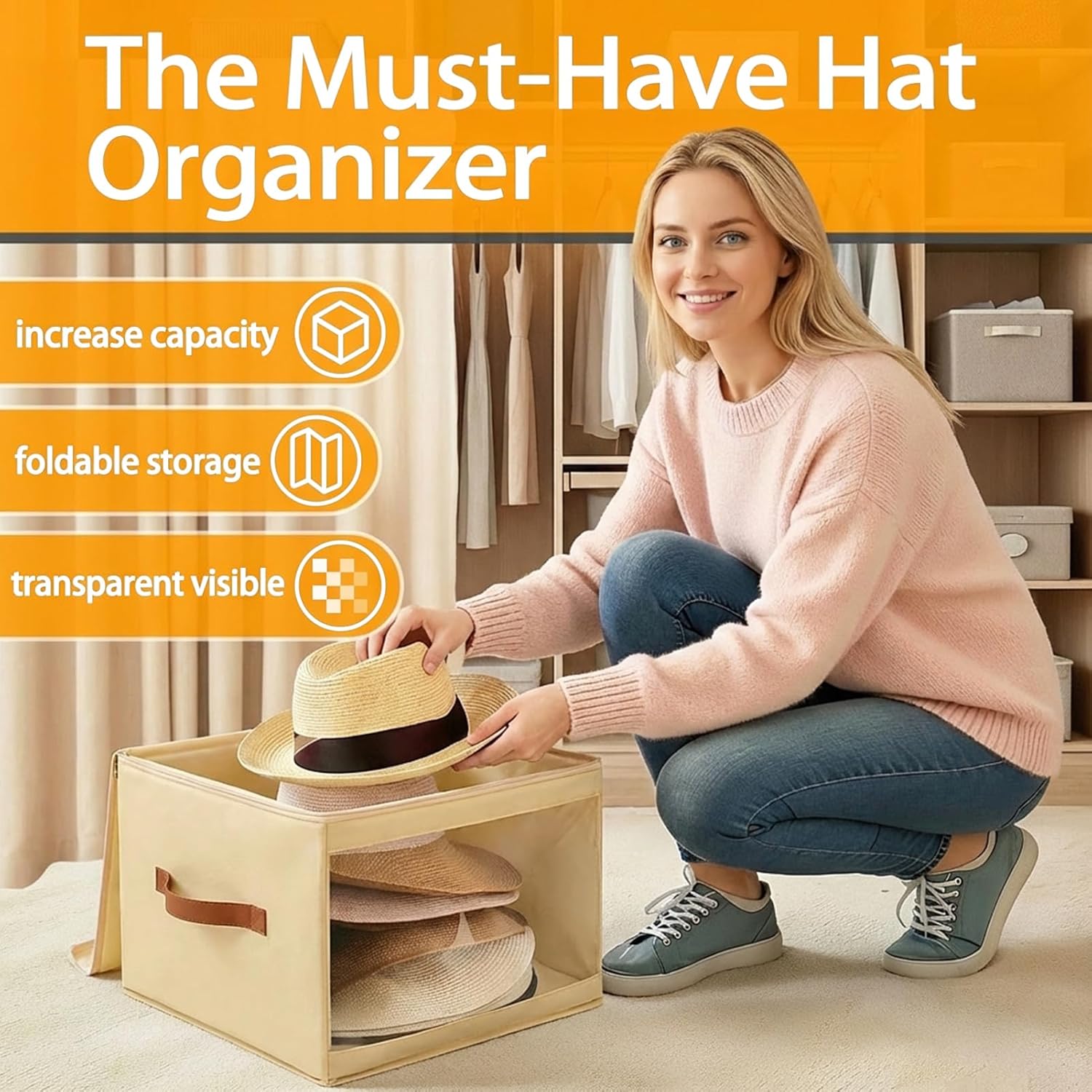 2 Pack Large Dustproof Hat Box Stackable Sturdy Hat Storage Box Foldable Closet Organizer Bag for Women Cowboy Hats Beige L