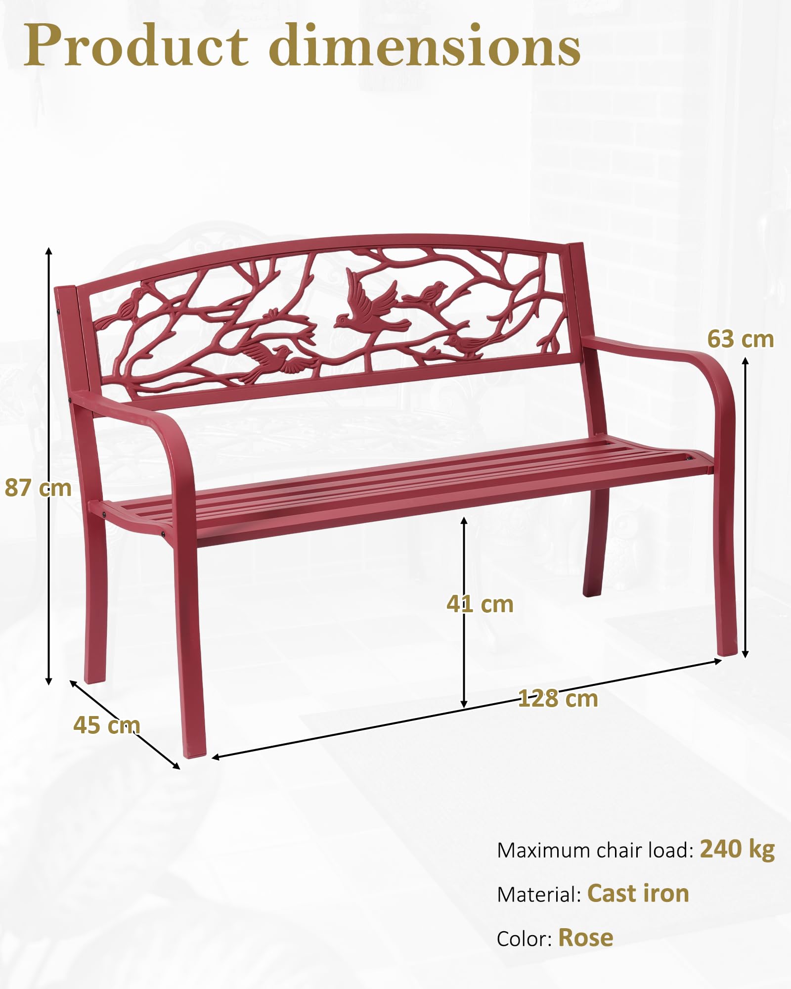 Banc de jardin 2 places en fonte pleine résistant aux intempéries - Charge maximale : 240 kg - Avec motif colombe de la paix et branche d'arbre - Banc en métal vintage pour jardin, balcon
