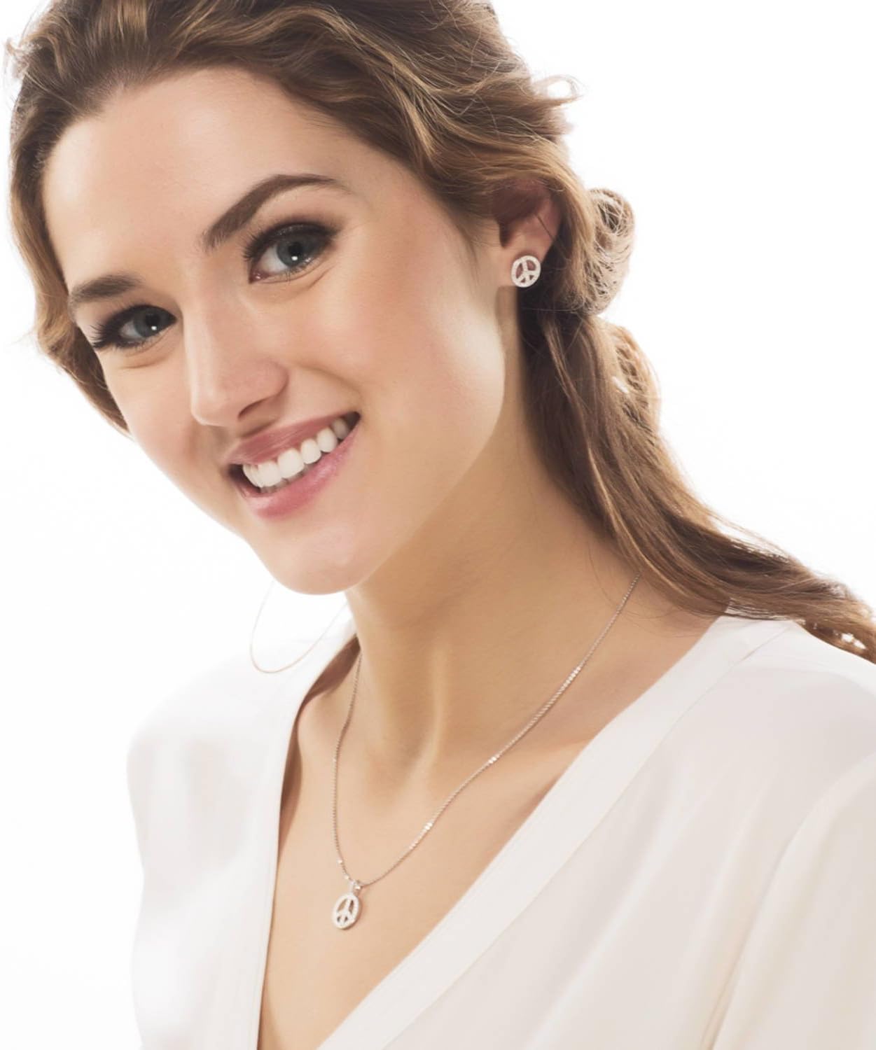 BERRICLE Sterling Silver Peace Sign Cubic Zirconia CZ Fashion Pendant Necklace for Women 18 inch (Yellow Gold Flashed, Rhodium Plated)
