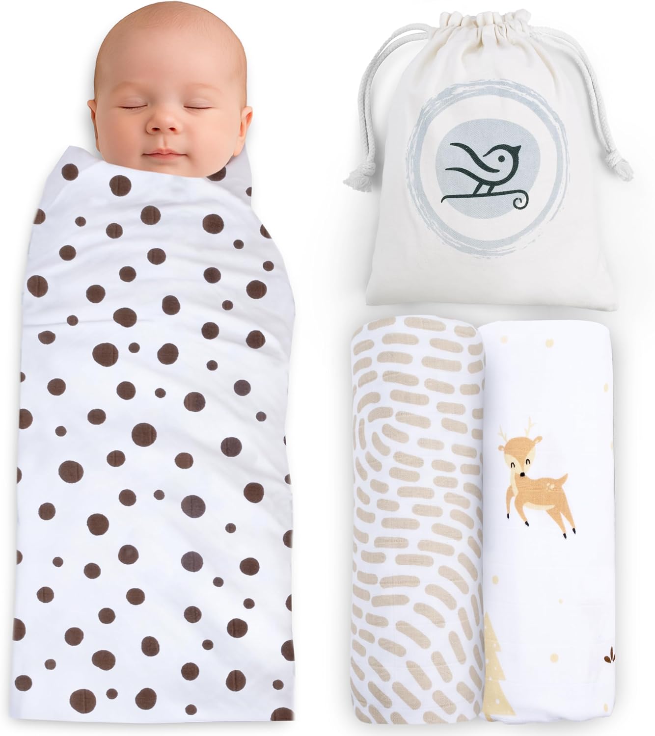 BabySparrow Muslin Swaddle Blankets 3-Pack – Brown Deer 47x47 Cotton Baby Swaddles for Newborns, Soft Breathable Receiving Blankets & Newborn Essentials, for Girls & Boys