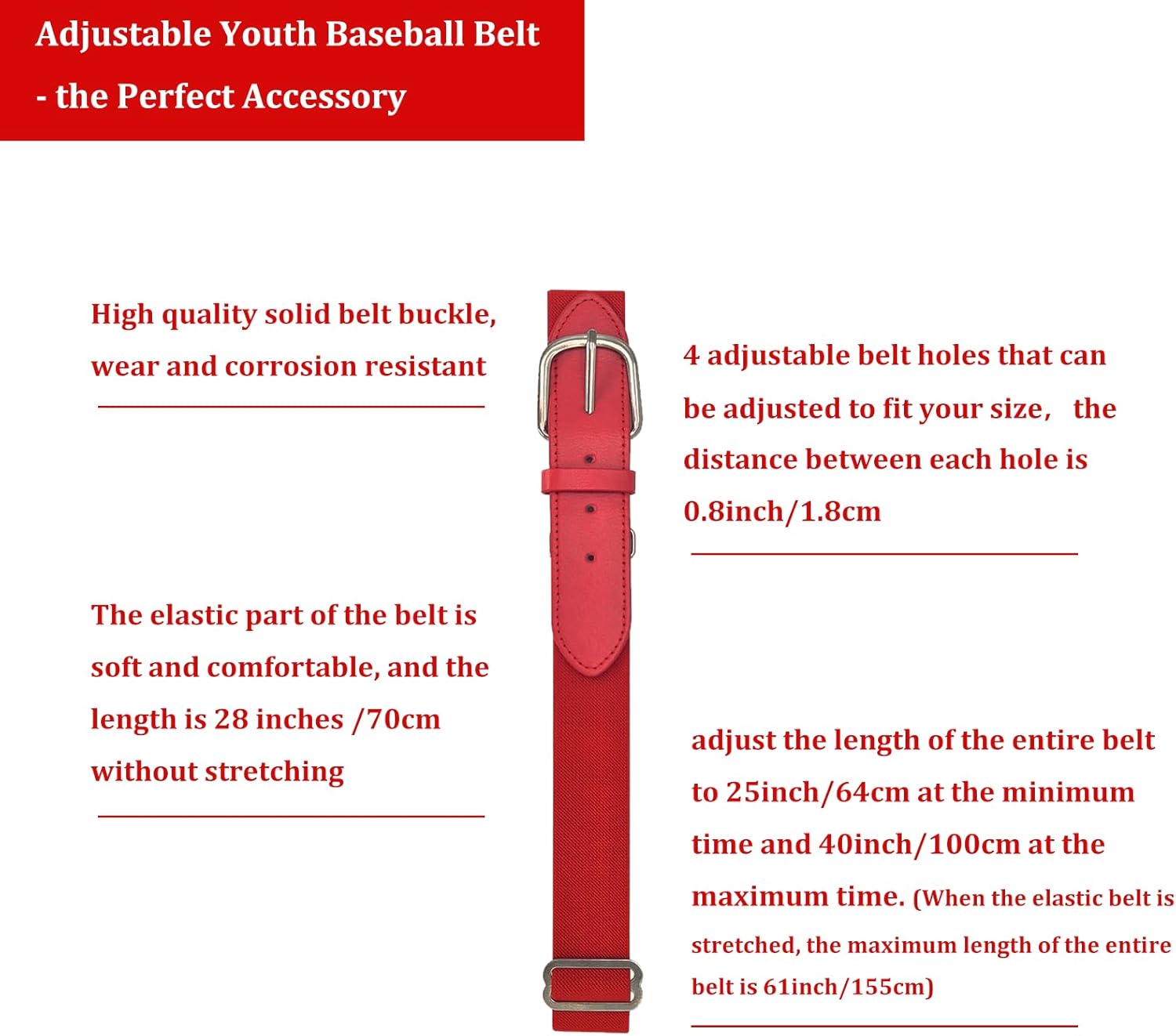 Youth Baseball Socks Softball Socks with Baseball Belt, Red Baseball Socks Youth Boys and Red Baseball Belt Adjustable Softball Belt Set for Kids - Boys + Girls Red Knee High Socks - Image 4