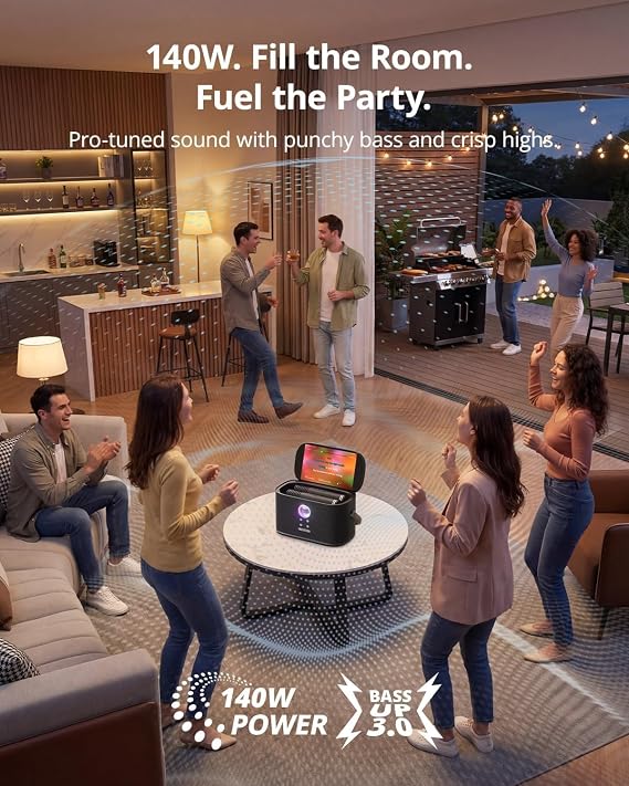 Ikarao Karaoke Machine for Adults, with Lyrics Display Screen, 2 Self-Charging Wireless Microphones, Autotune & EQ, 140W Speaker, Connect TV, Portable Karaoke System for Home, Family, Party, Travel