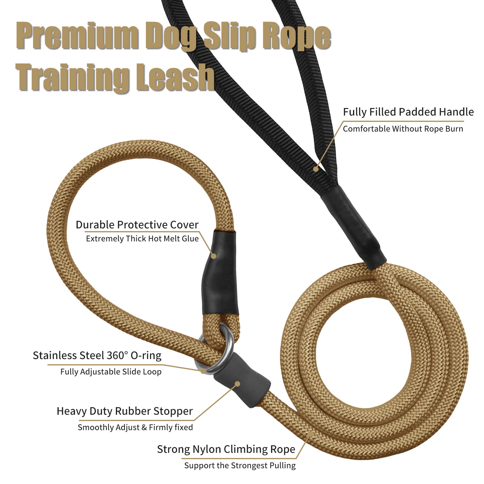 Strong Slip Lead Dog Leash, Heavy Duty Nylon Dog Training Leash, Durable Grey Dog Rope Lead No Pull Walking Leash with Rubber Stopper & Padded Handle for Small Medium Large Puppy Dogs 1.2m Khaki - Image 3