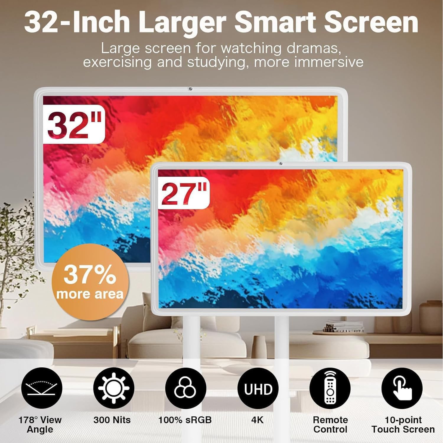 21.5"/24"/27"/32" Portable Smart TV with Android 13 OS, Portable Touch Screen Monitor, Voice Control, Built-in Wheels for Rollable Mobility, 4K Camera, 10-Point Touch Screen 21.5in-4G64G